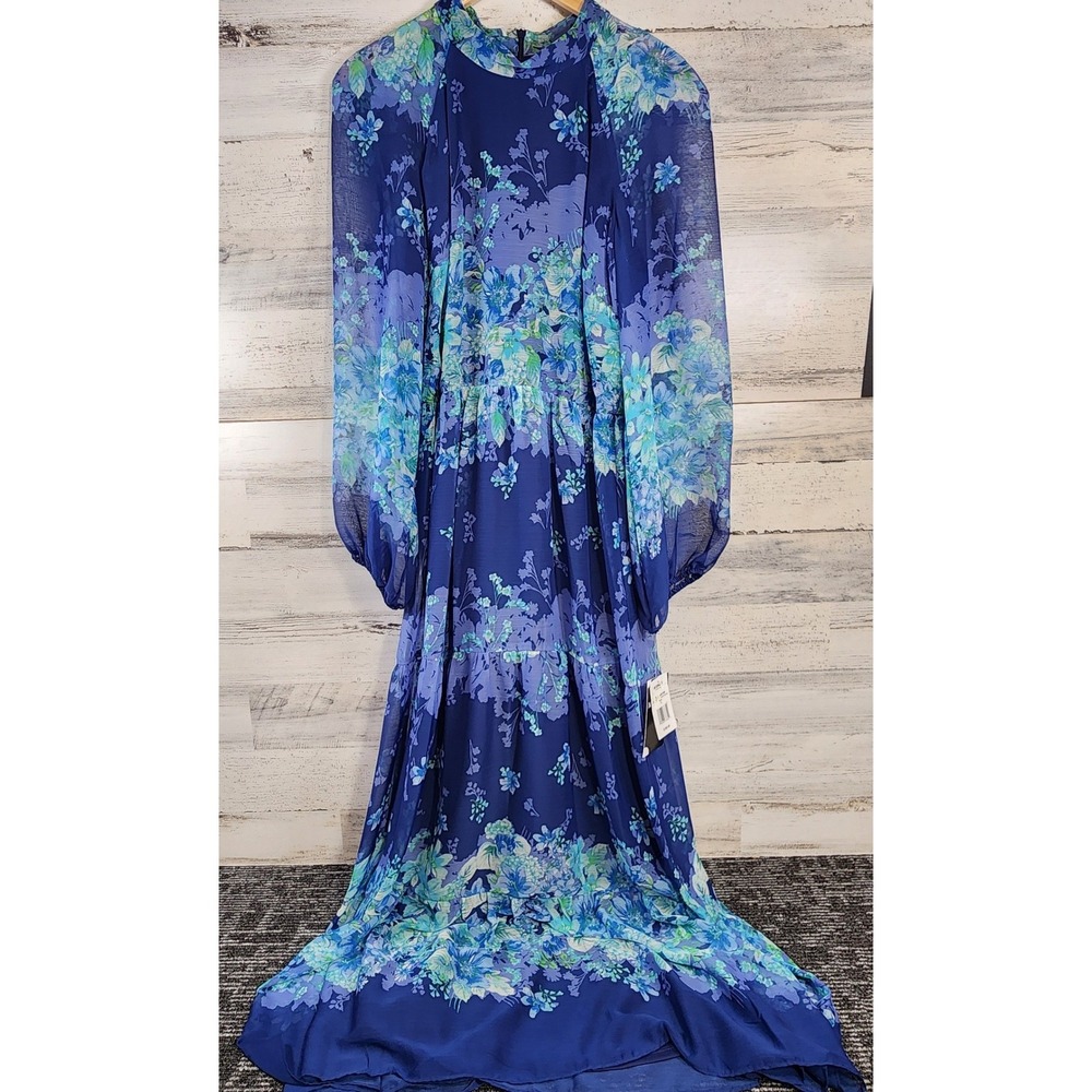 Maison Tara Maxi Dress Women 16 Navy Aqua Floral Chiffon Mock Neck NWT